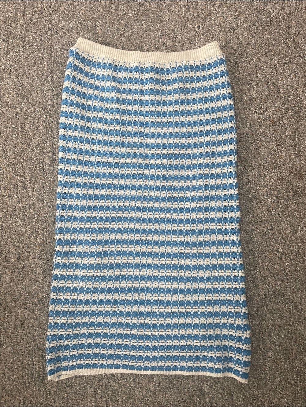 Blue and white knit midi skirt